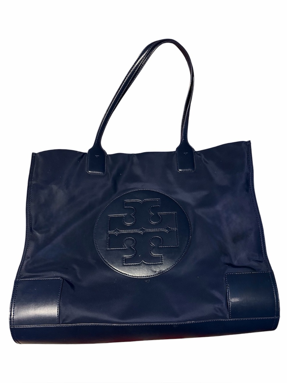 TORY BURCH Large Navy Nylon Ella Tote with Patent Trim and Logo Medallion